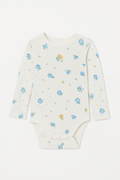 Body bianco a maniche lunghe con fiori blu e gialli - 3 mesi