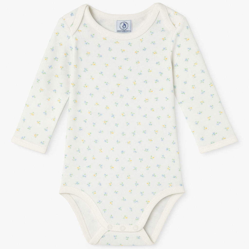Body bianco a maniche lunghe con fiorellini blu e gialli - 18 mesi