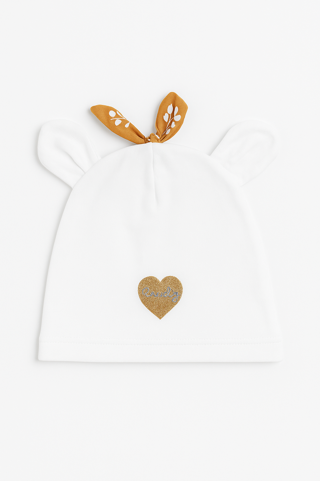 Cappellino bianco con orecchiette e fiocco senape