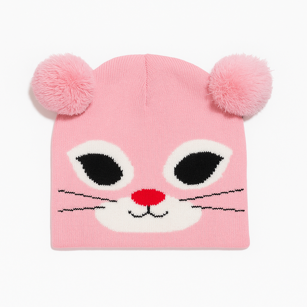 Cappellino rosa con faccina e pompon