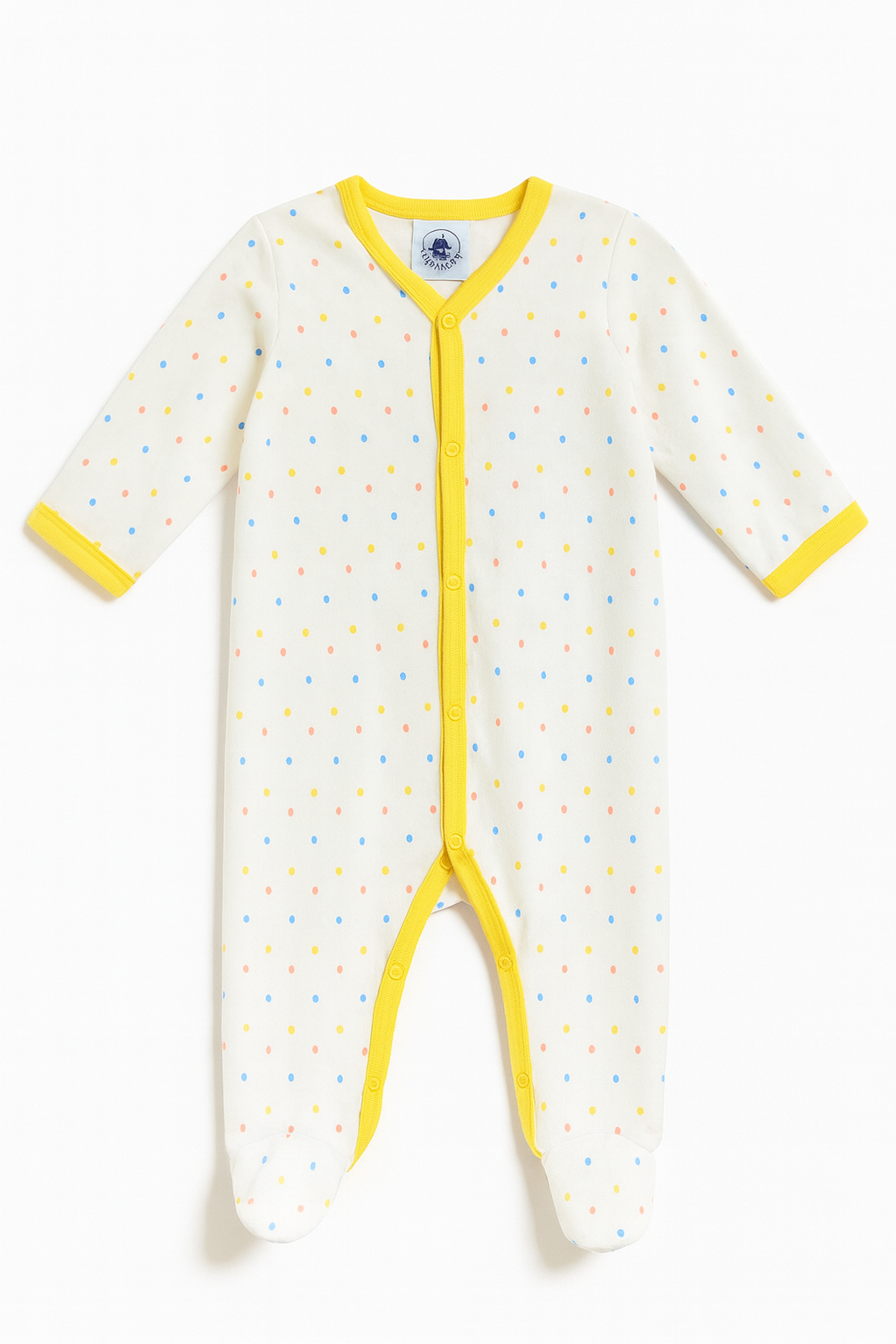 Tutina bianca con bordo giallo e stelline – 6 mesi
