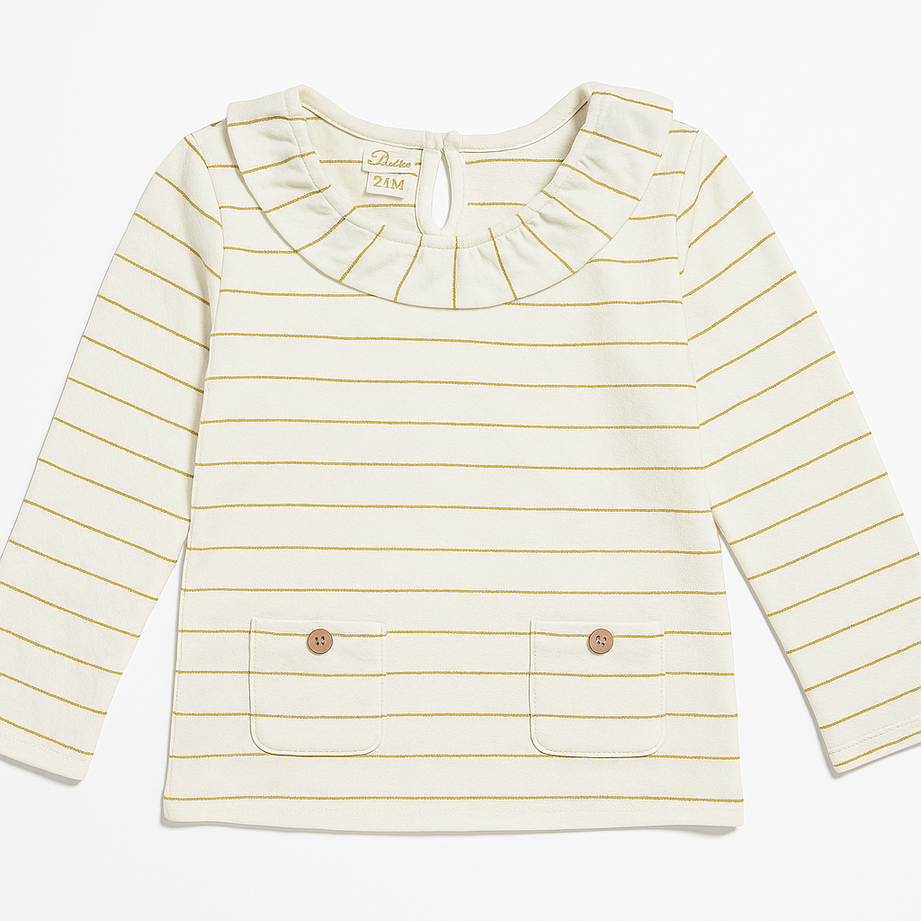 Maglia a righe beige con volant e taschine frontali -24 mesi