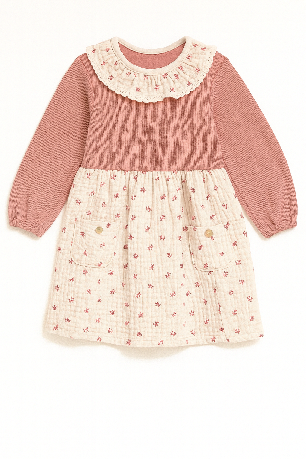 Vestito bicolor rosa e crema con maniche lunghe - 24 mesi